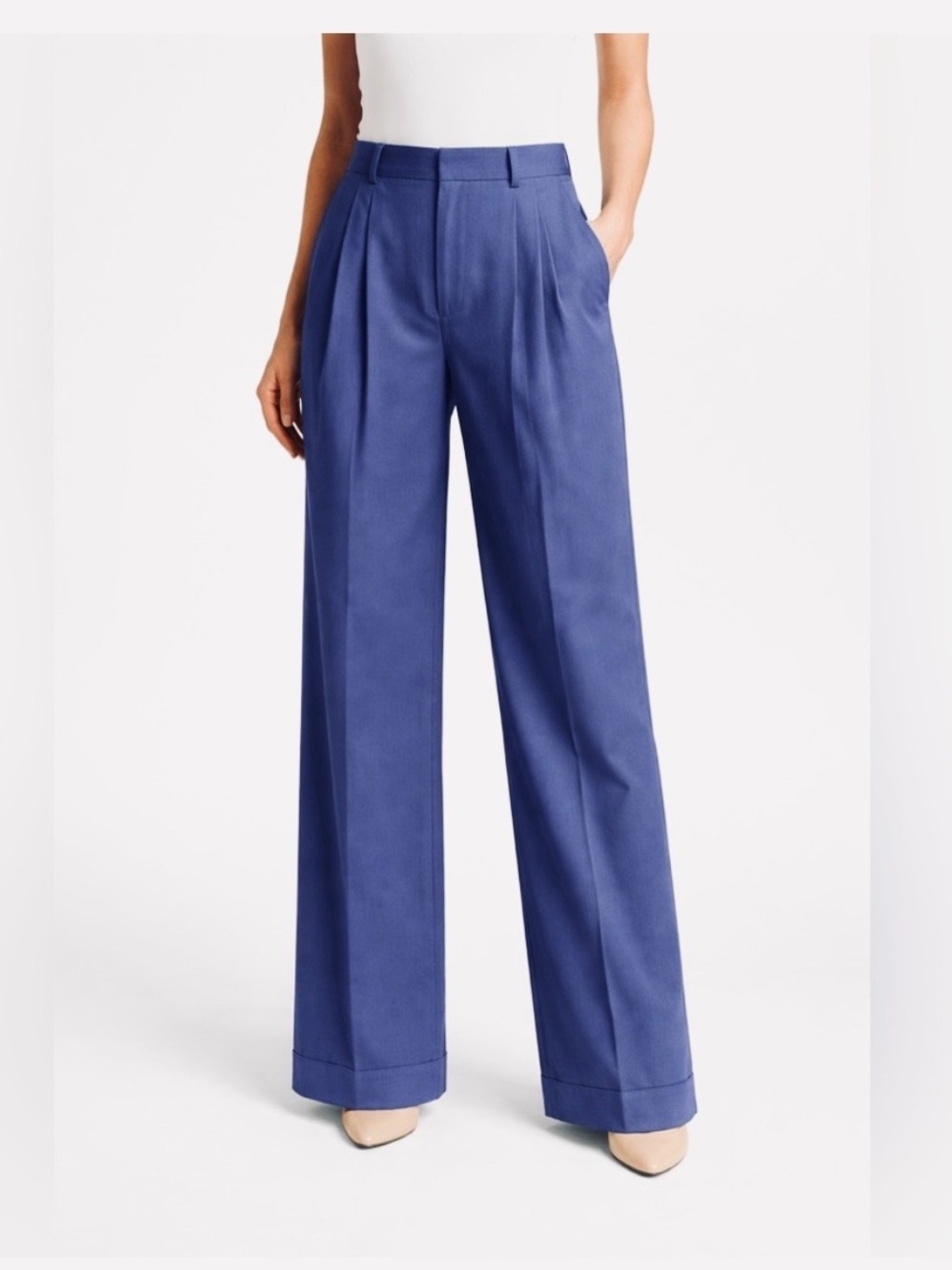 J Crew Essential Wide Leg Pants Pleated Cotton Cuffed Trousers Blue Sz 4